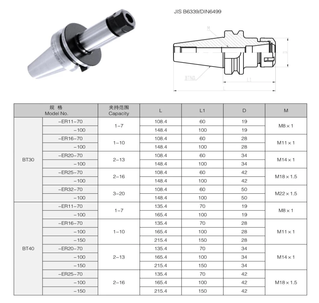 Good Quality Tool Holder Tooling System High Speed BT30-ER11-100 BT-ER Series